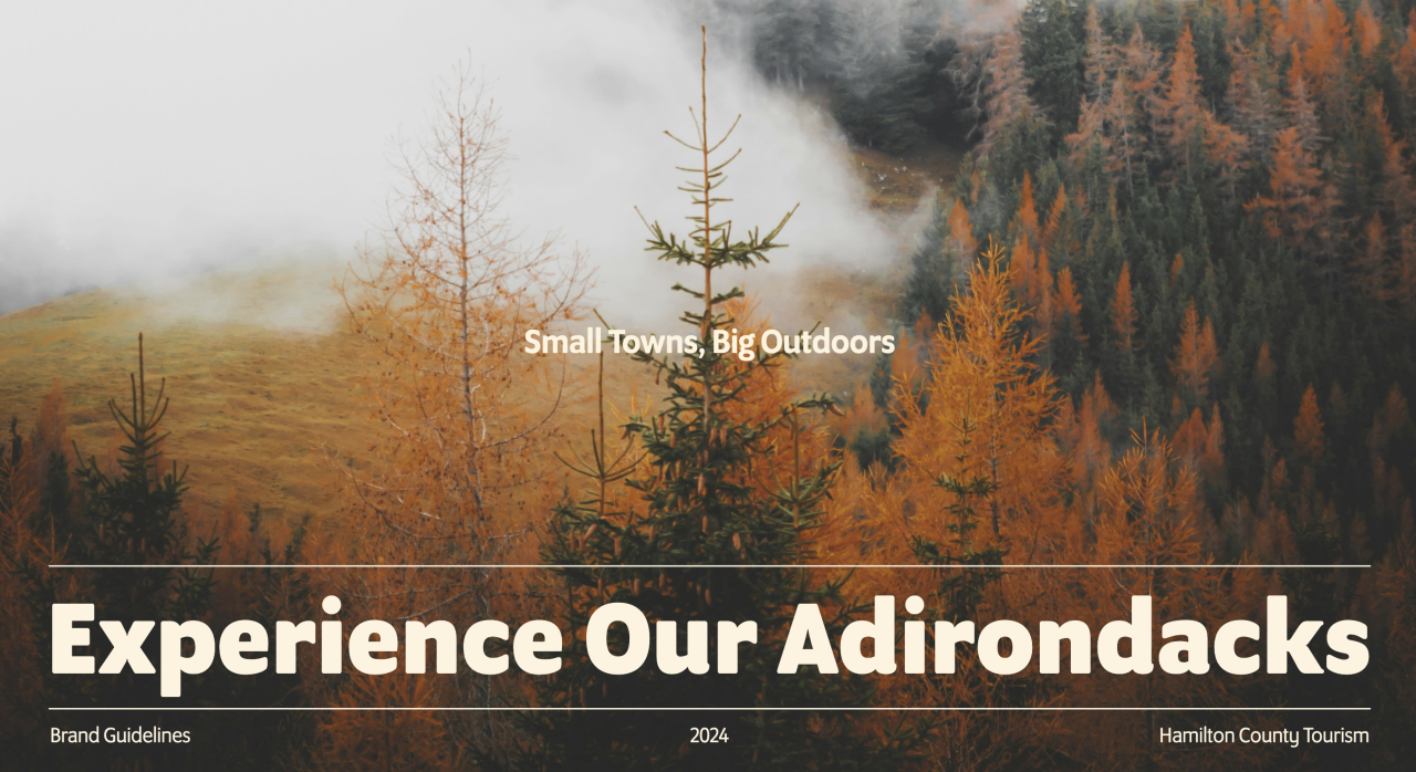 The cover of a digital brochure that reads "Experience Our Adirondacks: Brand Guidelines"